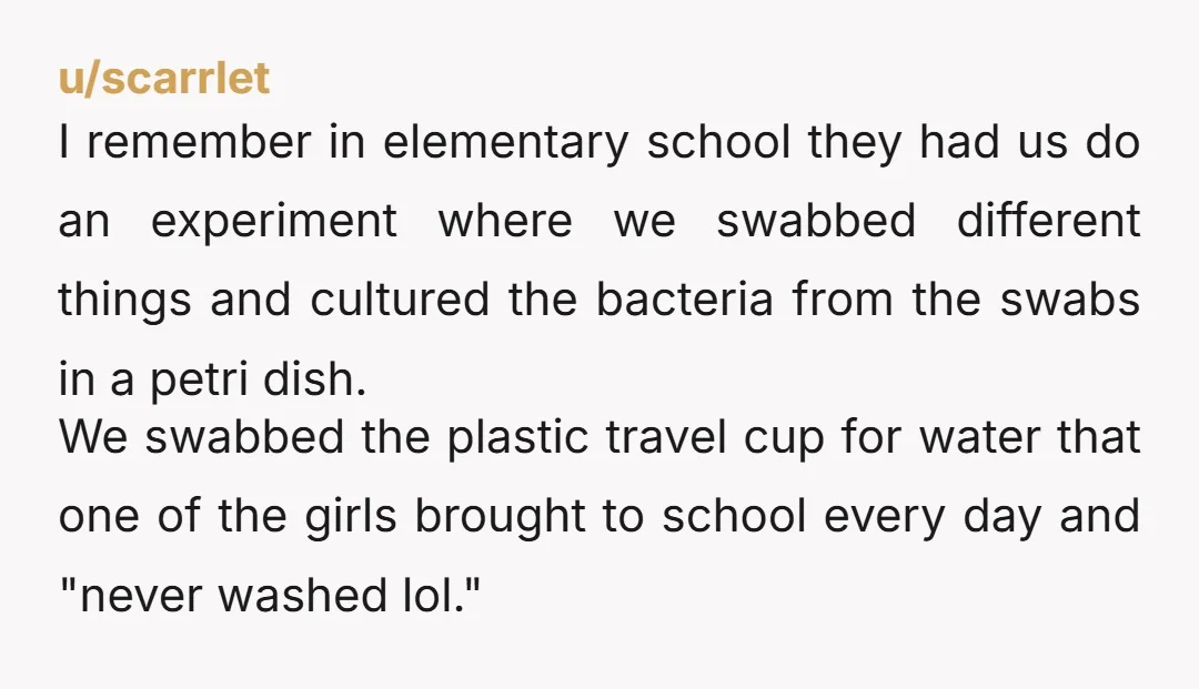 u/scarrlet I remember in elementary school they had us do an experiment where we swabbed different things and cultured the bacteria from the swabs in a petri dish. We swabbed...