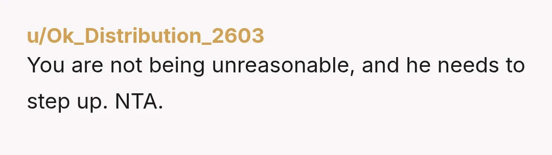 u/Ok_Distribution_2603 You are not being unreasonable, and he needs to step up. NTA.