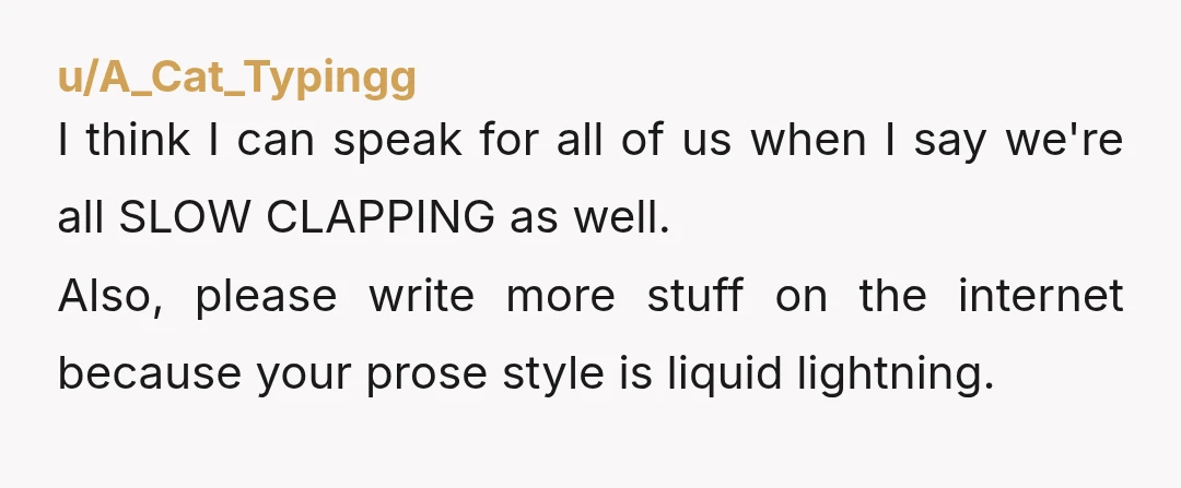u/A_Cat_Typingg I think I can speak for all of us when I say we're all SLOW CLAPPING as well. Also, please write more stuff on the internet because your prose...