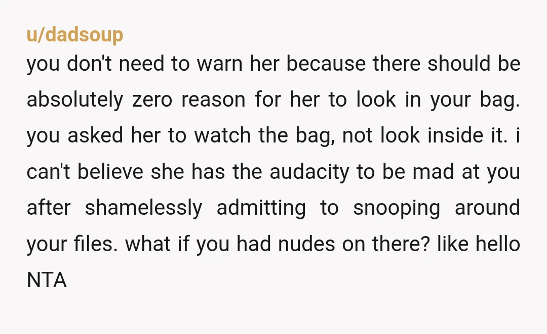 u/dadsoup you don't need to warn her because there should be absolutely zero reason for her to look in your bag. you asked her to watch the bag, not look...