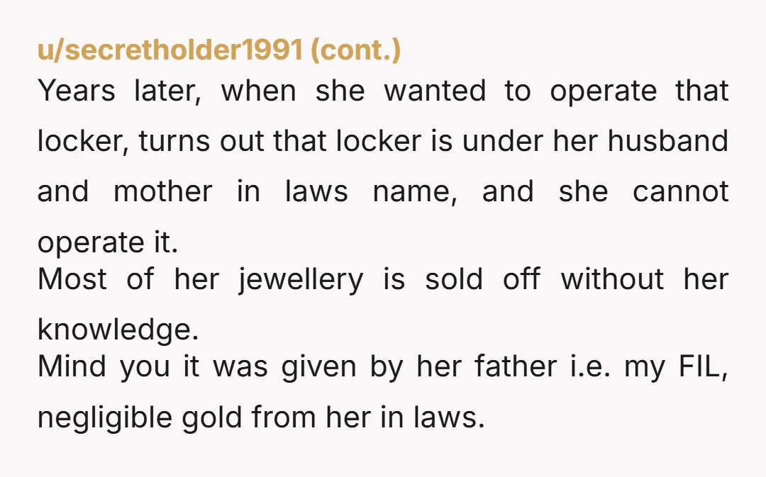 u/oddduckquacks
Information.
Who controls the locker that has apparently been opened in your husband and your name? As in, who all have access directly?