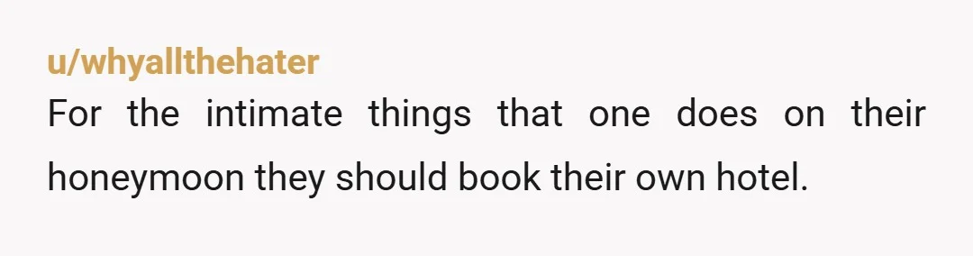 u/whyallthehater
For the intimate things that one does on their honeymoon they should book their own hotel.