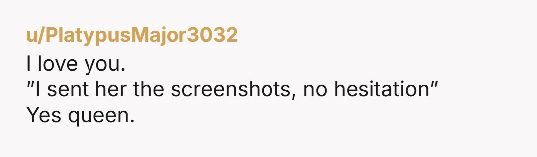 u/PlatypusMajor3032 I love you. ”I sent her the screenshots, no hesitation” Yes queen.