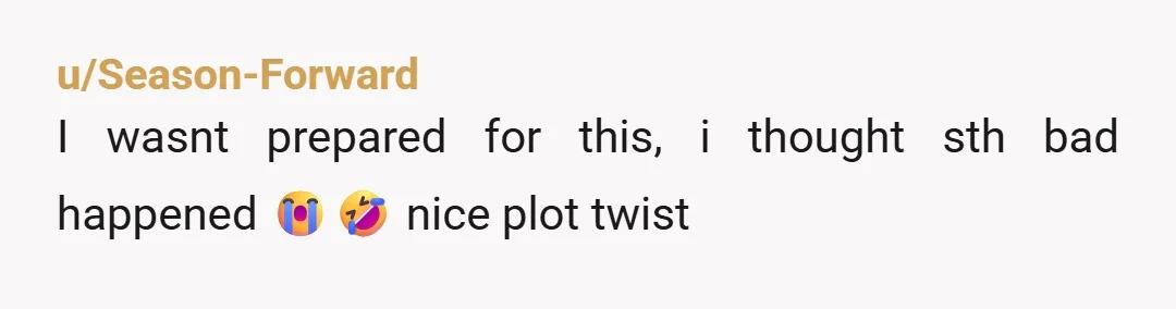 u/Season-Forward
I wasnt prepared for this, i thought sth bad happened 😭🤣 nice plot twist