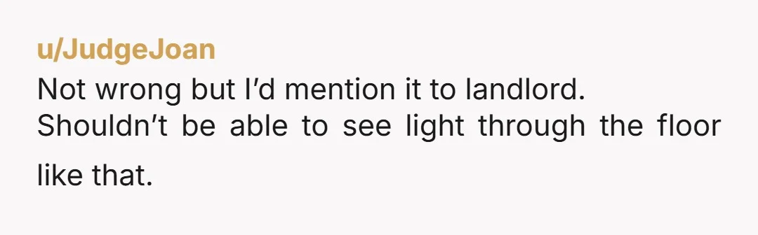 u/JudgeJoan
Not wrong but I’d mention it to landlord.
Shouldn’t be able to see light through the floor like that.