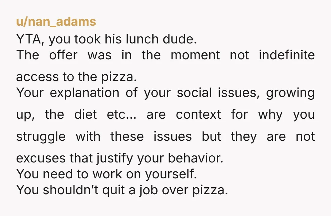 u/nan_adams YTA, you took his lunch dude. The offer was in the moment not indefinite access to the pizza. Your explanation of your social issues, growing up, the diet etc…...