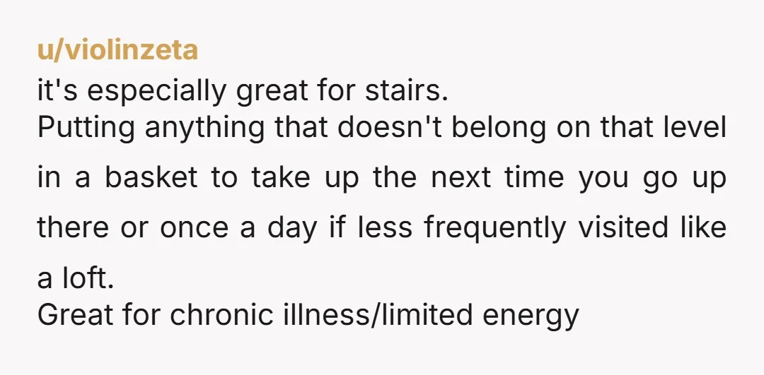 u/violinzeta it's especially great for stairs. Putting anything that doesn't belong on that level in a basket to take up the next time you go up there or once a...