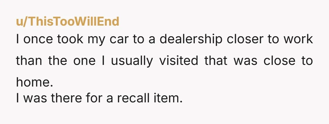 u/ThisTooWillEnd I once took my car to a dealership closer to work than the one I usually visited that was close to home. I was there for a recall item....