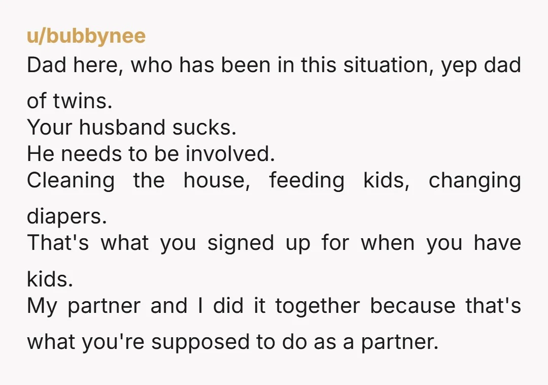 u/bubbynee Dad here, who has been in this situation, yep dad of twins. Your husband sucks. He needs to be involved. Cleaning the house, feeding kids, changing diapers. That's what...