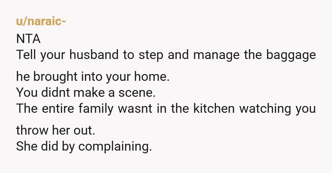u/naraic- NTA Tell your husband to step and manage the baggage he brought into your home. You didnt make a scene. The entire family wasnt in the kitchen watching you...
