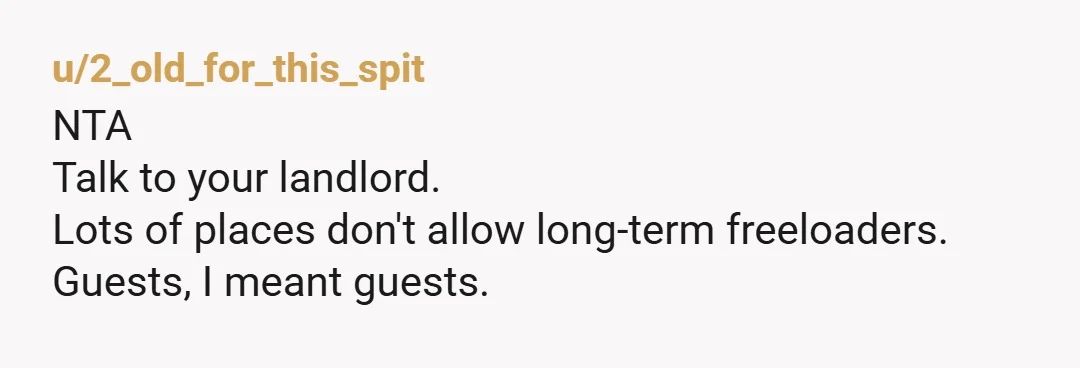 u/2_old_for_this_spit
NTA
Talk to your landlord.
Lots of places don't allow long-term freeloaders.
Guests, I meant guests.