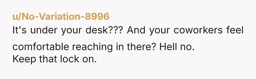 u/No-Variation-8996
It's under your desk??? And your coworkers feel comfortable reaching in there? Hell no.
Keep that lock on.