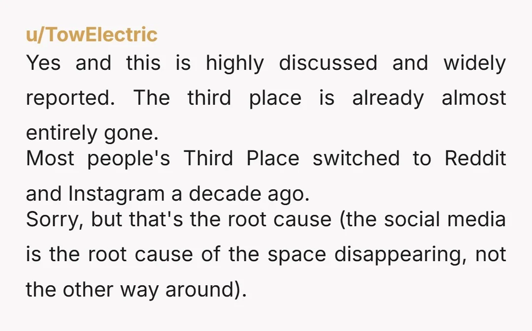 u/TowElectric Yes and this is highly discussed and widely reported. The third place is already almost entirely gone. Most people's Third Place switched to Reddit and Instagram a decade ago....