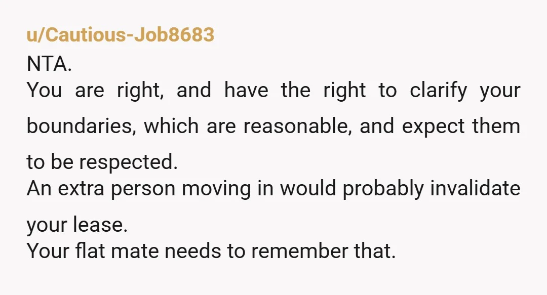 u/Cautious-Job8683 NTA. You are right, and have the right to clarify your boundaries, which are reasonable, and expect them to be respected. An extra person moving in would probably invalidate...