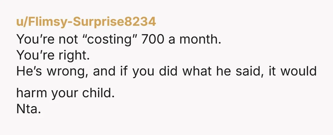 u/Flimsy-Surprise8234 You’re not “costing” 700 a month. You’re right. He’s wrong, and if you did what he said, it would harm your child. Nta.