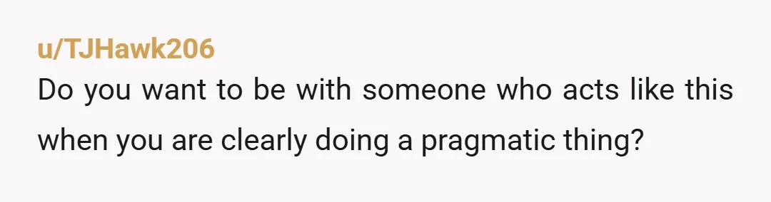 u/TJHawk206 Do you want to be with someone who acts like this when you are clearly doing a pragmatic thing?