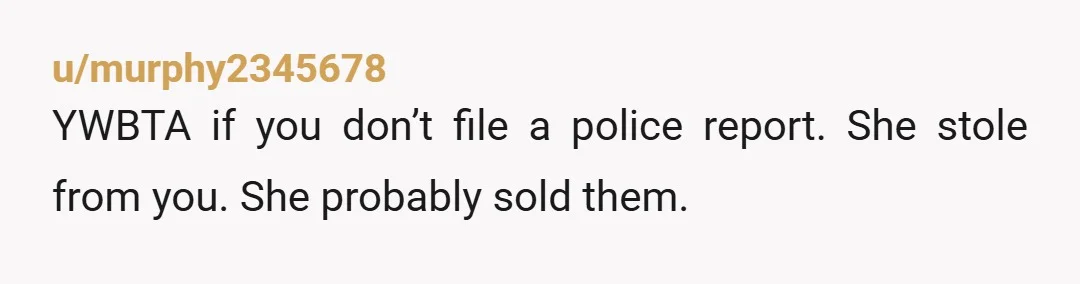 u/murphy2345678
YWBTA if you don’t file a police report. She stole from you. She probably sold them.