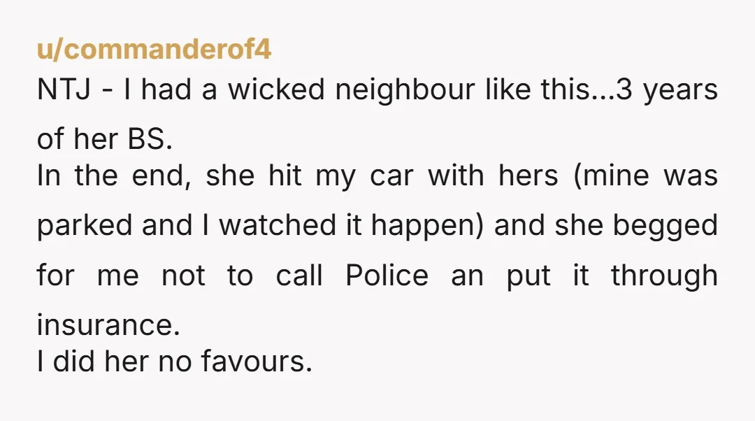 u/commanderof4 NTJ - I had a wicked neighbour like this…3 years of her BS. In the end, she hit my car with hers (mine was parked and I watched it...