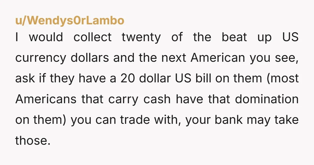u/Wendys0rLambo I would collect twenty of the beat up US currency dollars and the next American you see, ask if they have a 20 dollar US bill on them (most...