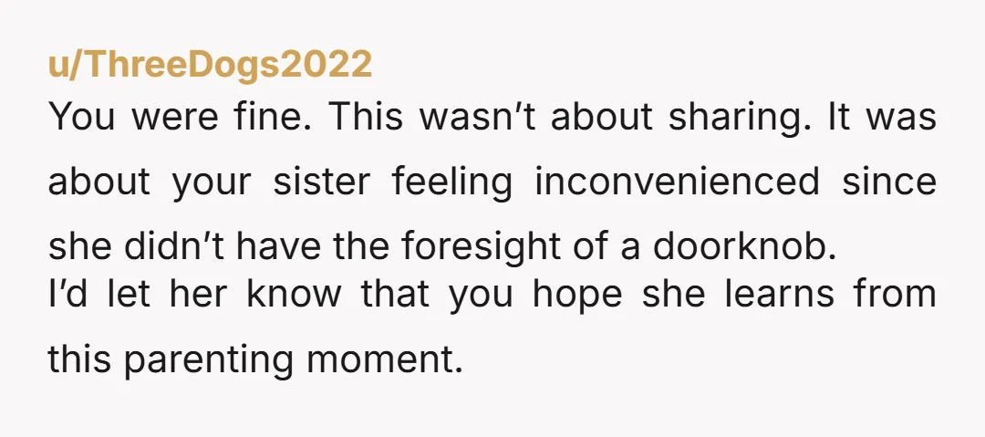 u/ThreeDogs2022 You were fine. This wasn’t about sharing. It was about your sister feeling inconvenienced since she didn’t have the foresight of a doorknob. I’d let her know that you...