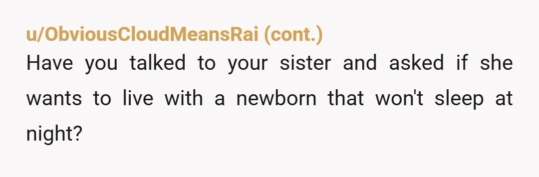 u/myblackandwhitecat Do you think your wife may be worried that she will have to do the bulk of the baby care and the bulk of supporting your sister? So often...