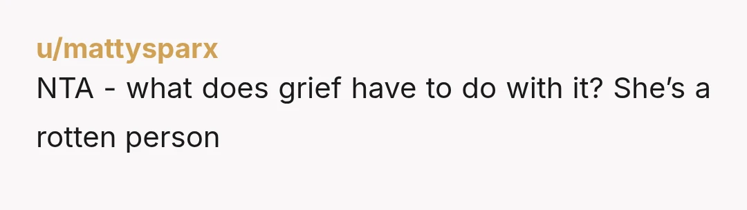 u/mattysparx NTA - what does grief have to do with it? She’s a rotten person