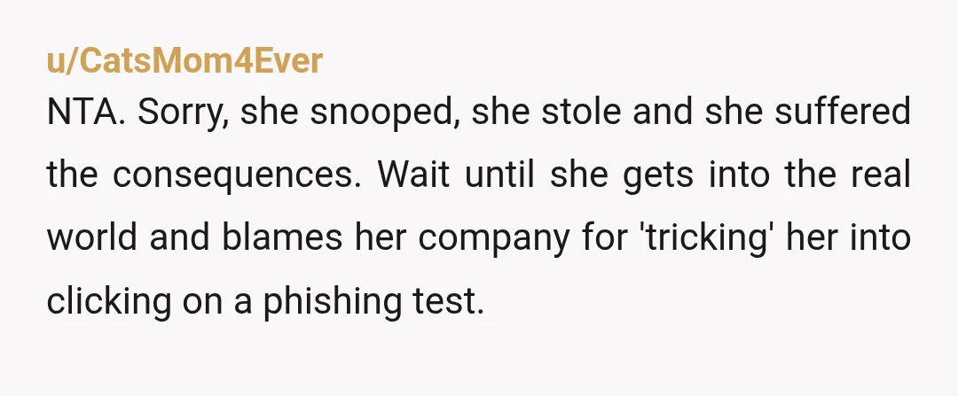u/CatsMom4Ever NTA. Sorry, she snooped, she stole and she suffered the consequences. Wait until she gets into the real world and blames her company for 'tricking' her into clicking on...