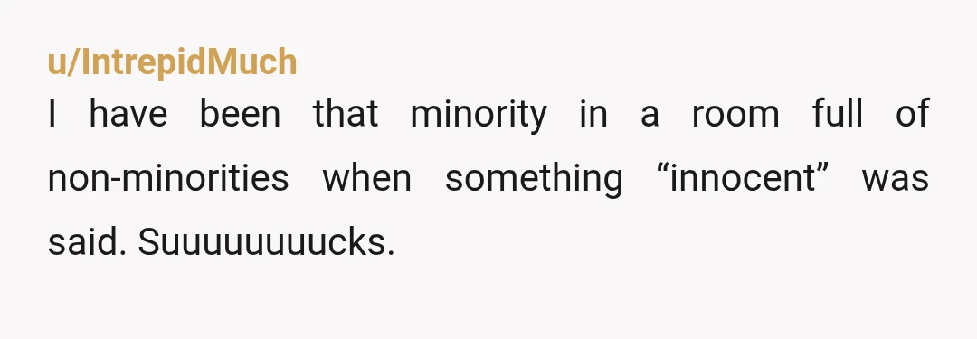 u/IntrepidMuch
I have been that minority in a room full of non-minorities when something “innocent” was said. Suuuuuuuucks.