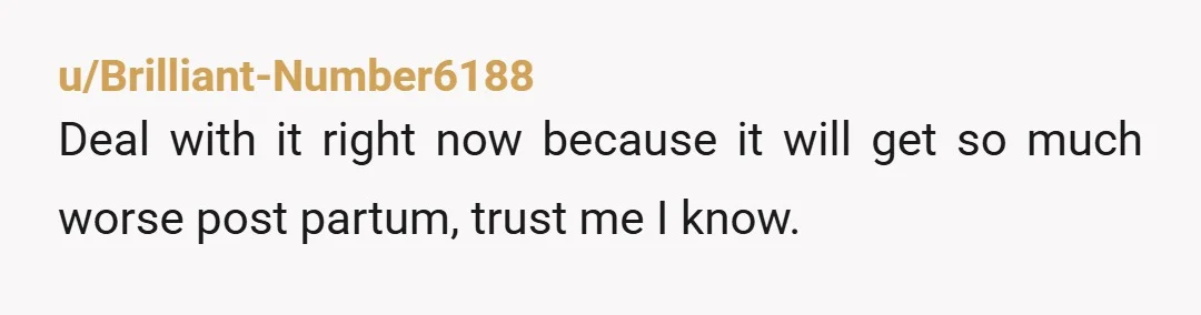 u/Brilliant-Number6188
Deal with it right now because it will get so much worse post partum, trust me I know.