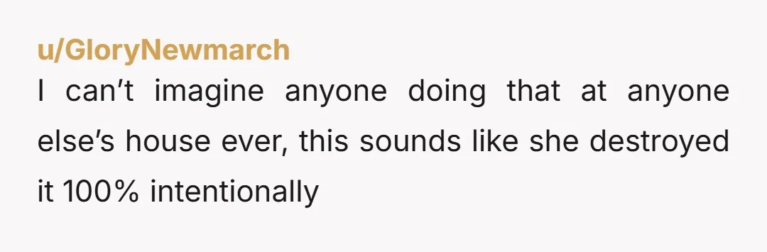 u/GloryNewmarch
I can’t imagine anyone doing that at anyone else’s house ever, this sounds like she destroyed it 100% intentionally