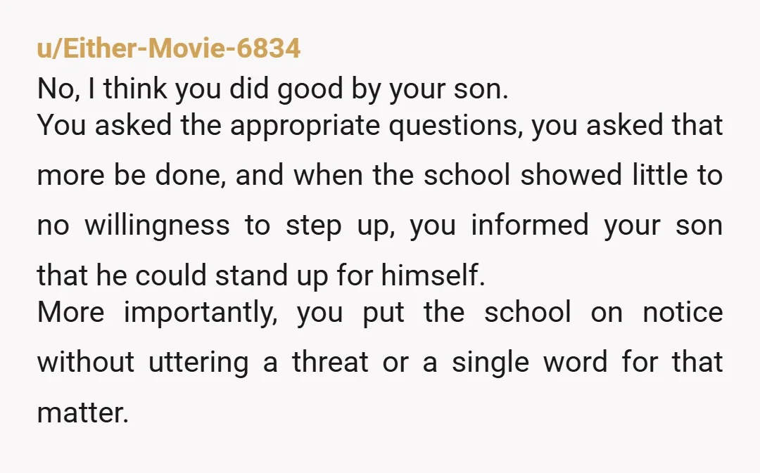 u/Either-Movie-6834 No, I think you did good by your son. You asked the appropriate questions, you asked that more be done, and when the school showed little to no willingness...