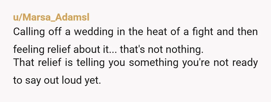 u/Marsa_Adamsl Calling off a wedding in the heat of a fight and then feeling relief about it... that's not nothing. That relief is telling you something you're not ready to...