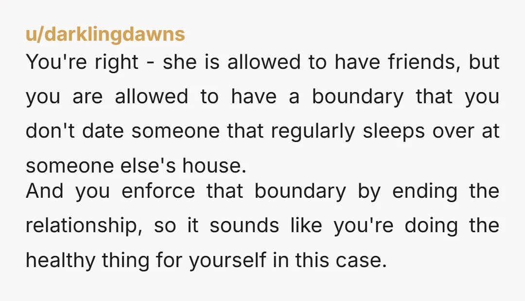 u/darklingdawns You're right - she is allowed to have friends, but you are allowed to have a boundary that you don't date someone that regularly sleeps over at someone else's...