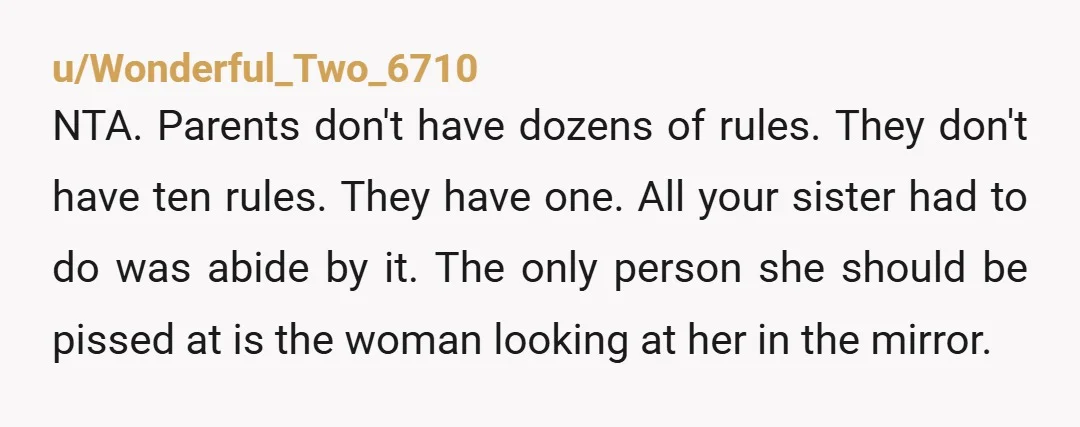 u/Wonderful_Two_6710 NTA. Parents don't have dozens of rules. They don't have ten rules. They have one. All your sister had to do was abide by it. The only person she...