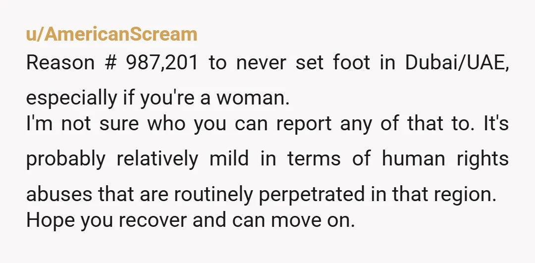 u/AmericanScream Reason # 987,201 to never set foot in Dubai/UAE, especially if you're a woman. I'm not sure who you can report any of that to. It's probably relatively mild...