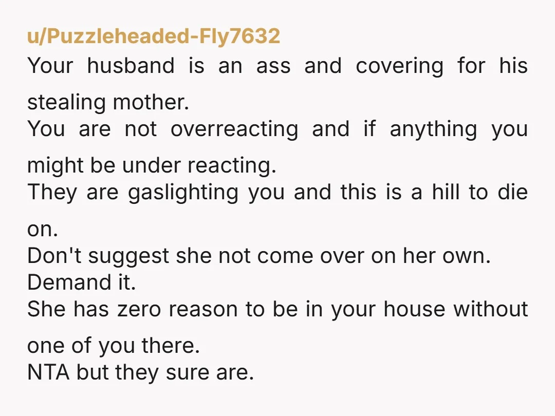 u/Puzzleheaded-Fly7632 Your husband is an ass and covering for his stealing mother. You are not overreacting and if anything you might be under reacting. They are gaslighting you and this...