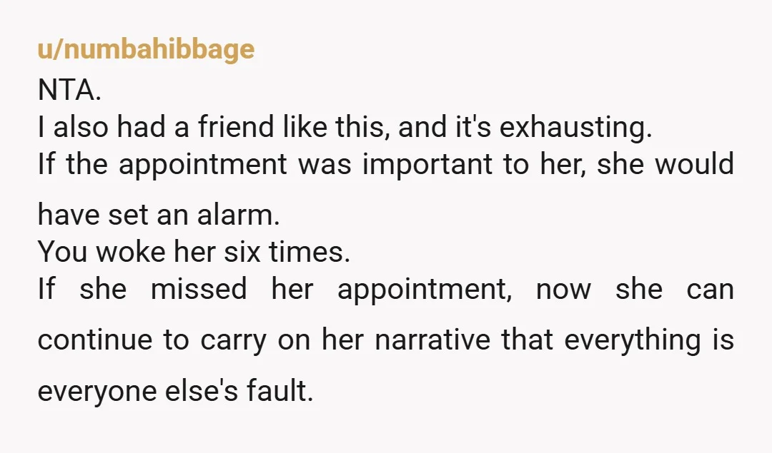 u/numbahibbage NTA. I also had a friend like this, and it's exhausting. If the appointment was important to her, she would have set an alarm. You woke her six times....