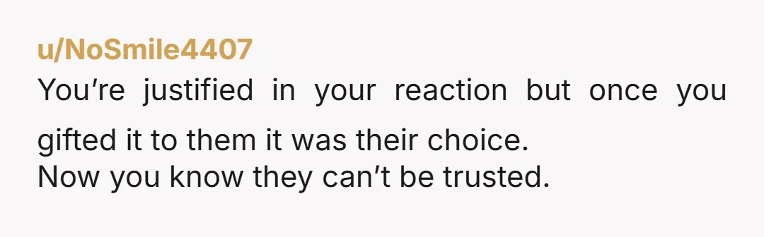 u/NoSmile4407 You’re justified in your reaction but once you gifted it to them it was their choice. Now you know they can’t be trusted.
