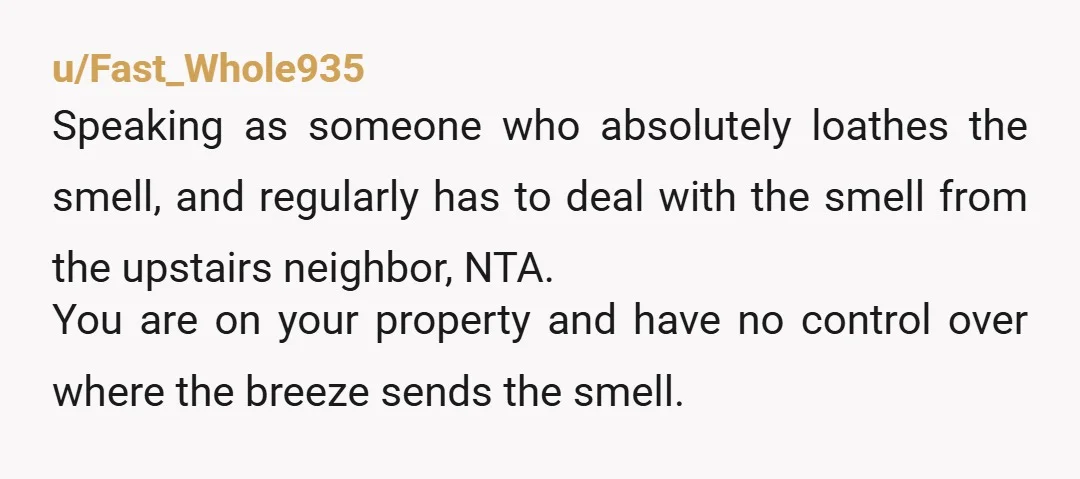 u/Fast_Whole935 Speaking as someone who absolutely loathes the smell, and regularly has to deal with the smell from the upstairs neighbor, NTA. You are on your property and have no...