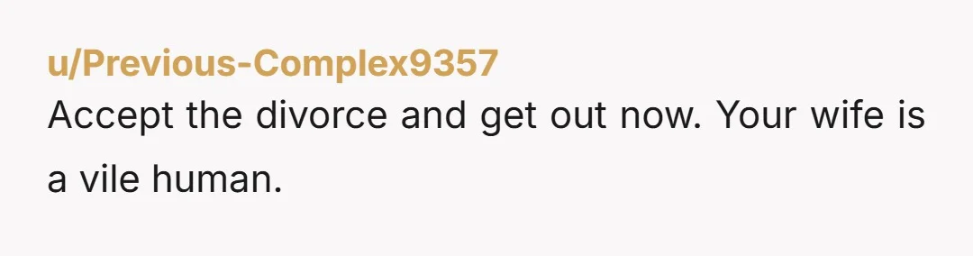 u/Previous-Complex9357 Accept the divorce and get out now. Your wife is a vile human.