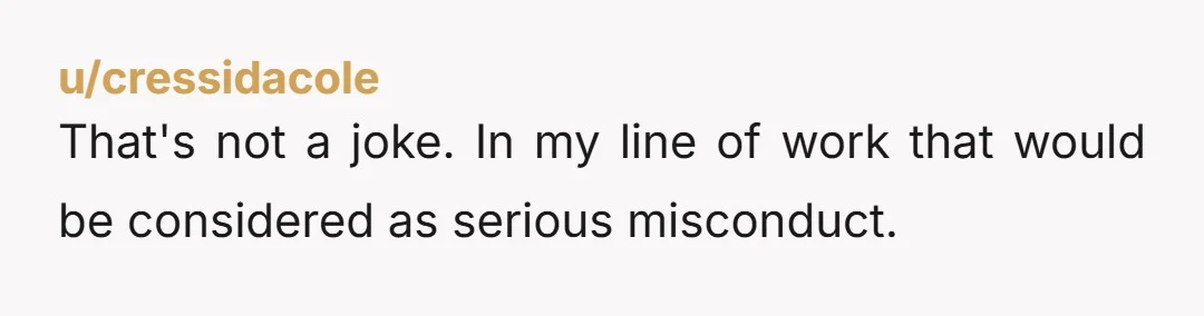 u/cressidacole That's not a joke. In my line of work that would be considered as serious misconduct.