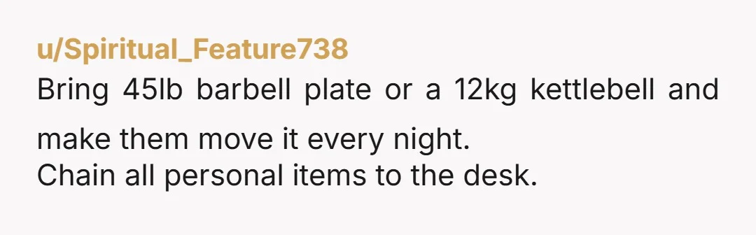 u/Spiritual_Feature738 Bring 45lb barbell plate or a 12kg kettlebell and make them move it every night. Chain all personal items to the desk.