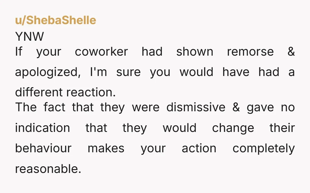 u/ShebaShelle YNW If your coworker had shown remorse & apologized, I'm sure you would have had a different reaction. The fact that they were dismissive & gave no indication that...