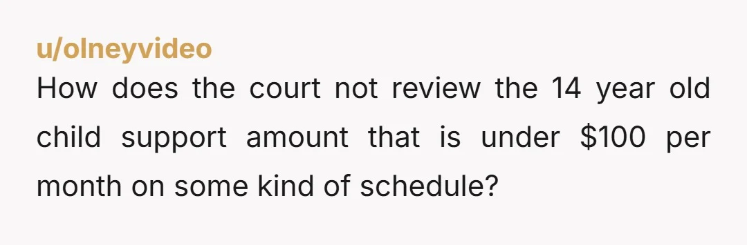 u/olneyvideo How does the court not review the 14 year old child support amount that is under $100 per month on some kind of schedule?