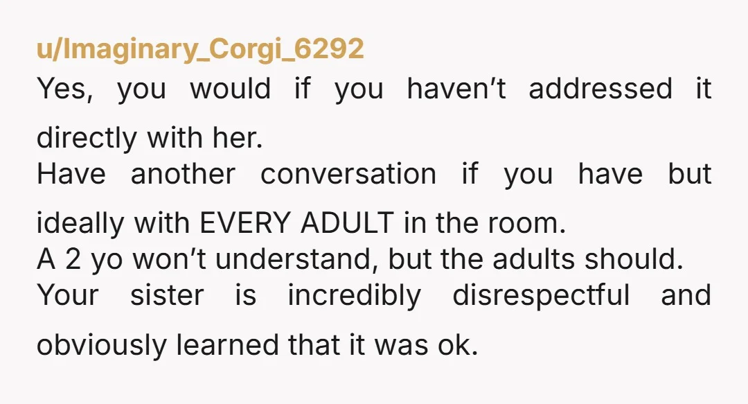 u/Imaginary_Corgi_6292 Yes, you would if you haven’t addressed it directly with her. Have another conversation if you have but ideally with EVERY ADULT in the room. A 2 yo won’t...