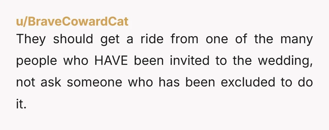u/BraveCowardCat
They should get a ride from one of the many people who HAVE been invited to the wedding, not ask someone who has been excluded to do it.