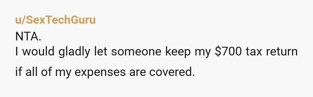 u/SexTechGuru NTA. I would gladly let someone keep my $700 tax return if all of my expenses are covered.