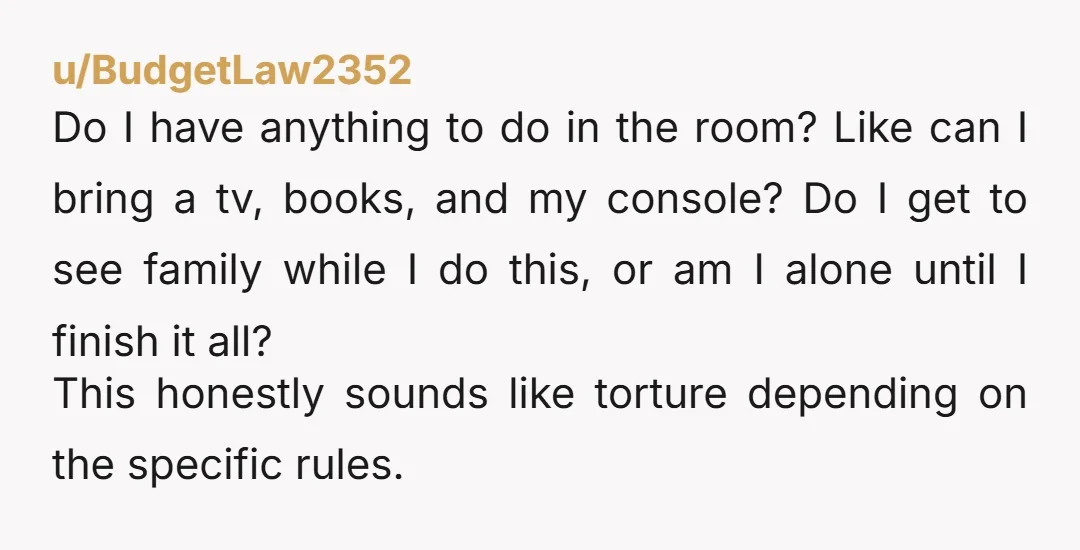 u/BudgetLaw2352 Do I have anything to do in the room? Like can I bring a tv, books, and my console? Do I get to see family while I do this,...