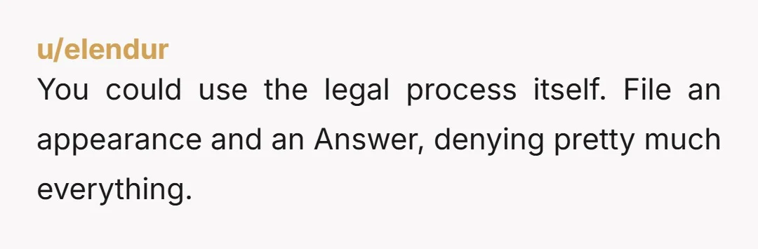 u/elendur You could use the legal process itself. File an appearance and an Answer, denying pretty much everything. Go through written and oral discovery, then file a motion for Summary...