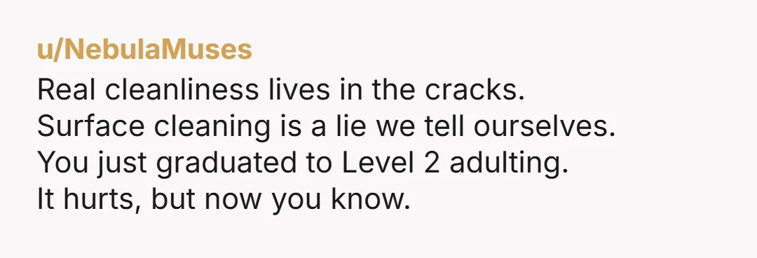 u/NebulaMuses
Real cleanliness lives in the cracks.
Surface cleaning is a lie we tell ourselves.
You just graduated to Level 2 adulting.
It hurts, but now you know.